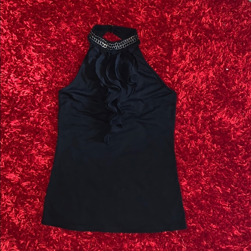 Black sleeveless top with metal neckline